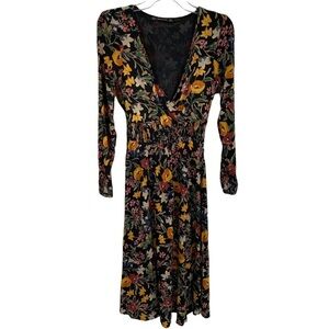 Zara Trafaluc Collection V-Neck Long Sleeve Floral Multicolored Midi Dress  Sz S